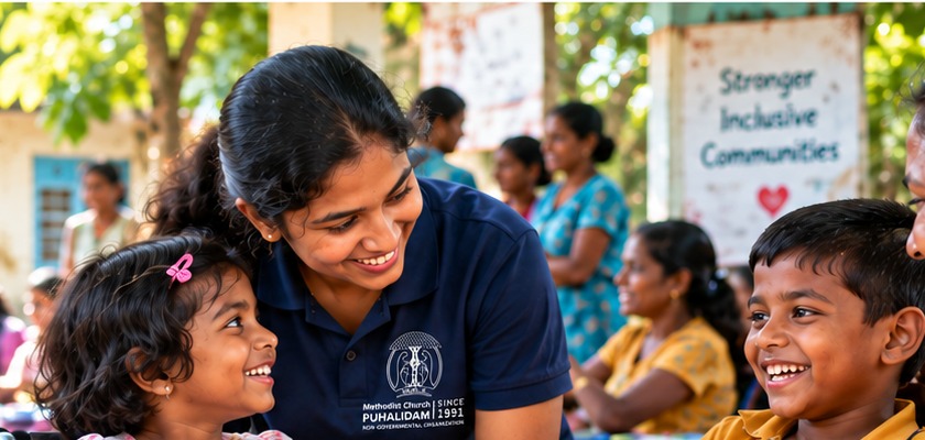 Illustrative scene of a community worker sharing a warm moment with children in a community setting